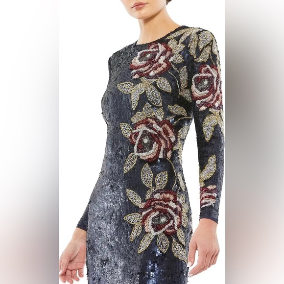 Macduggal 93624 Sequined Asymmetrical Floral Long Sleeve Midi Dress Midnight